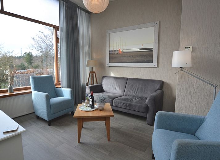 Gemuetliches Wohnzimmer im Ferienhaus Lelie, De Dennen, Texel mit bequemer Sitzecke und grossen Fenstern.