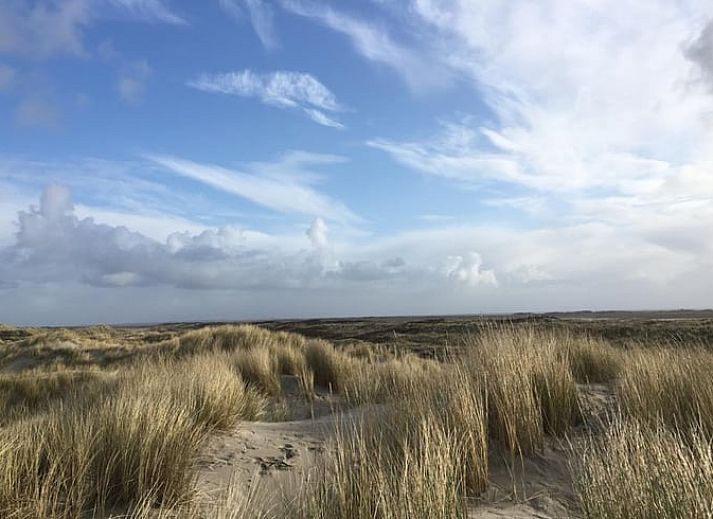Moderne Kueche im Ferienhaus in Oosterend, Terschelling mit Blick auf den Garten.