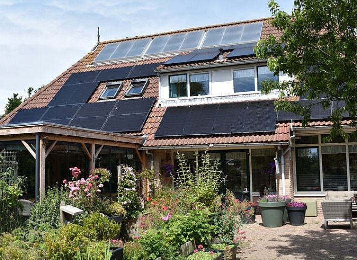 Gemuetliches Wohnzimmer im Ferienhaus in Oosterend, Terschelling, mit modernen Moebeln und Blick auf die Natur.