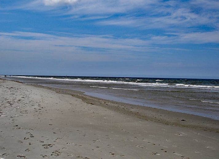 Stilvolles Esszimmer im Ferienhaus in Oosterend auf Terschelling, mit Holztisch und modernen Stuehlen.