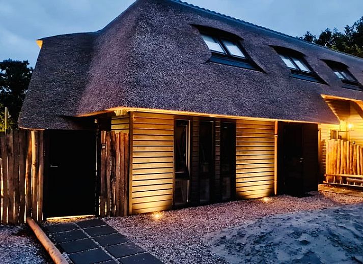 Charmant vakantiehuisje in Ballum met rieten dak, Ameland, omgeven door groen.