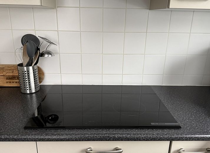 Hinterhof des Zeevonk-Bungalows in Ballum, Ameland, mit Trampolin und Blick ins Gruene.