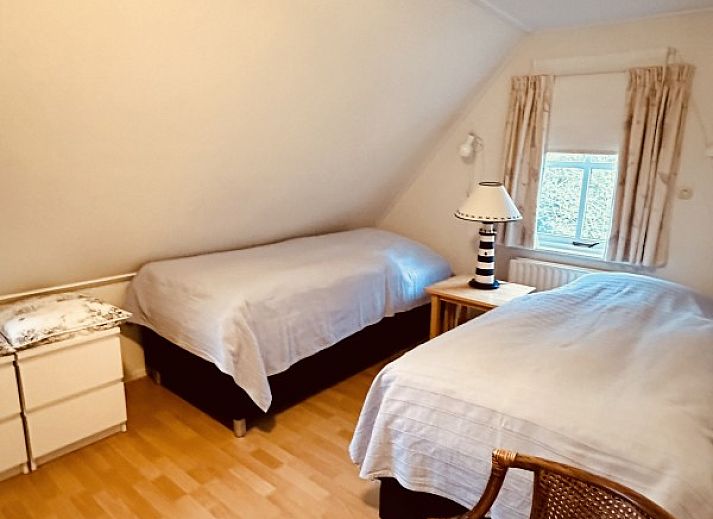 Bloeiende hortensia's bij raam van Akkerduin vakantiehuis in Ballum, Ameland.