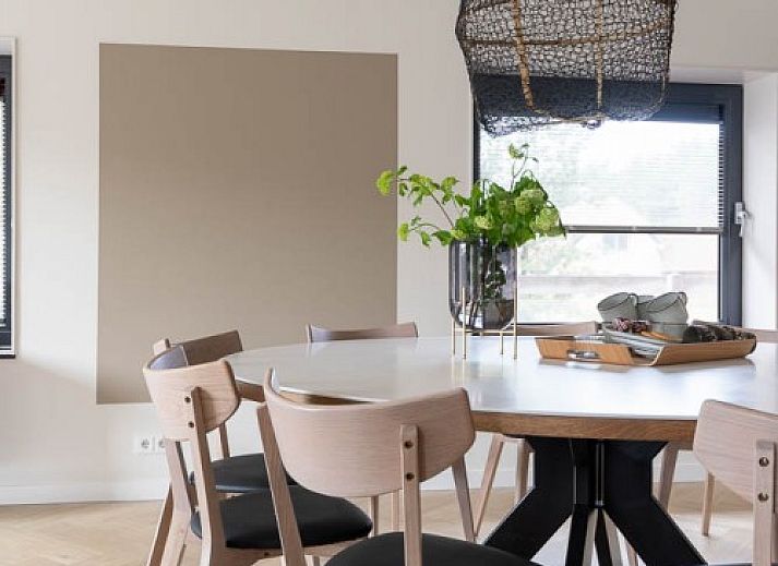 Rieten dak van vakantiehuis MIEKIE in Buren, Ameland, omgeven door gras en bomen.