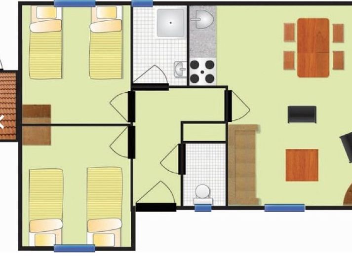 FINSE BUNGALOW 4 in Hollum, Ameland mit sonniger Terrasse und gruener Umgebung auf den Watteninseln.