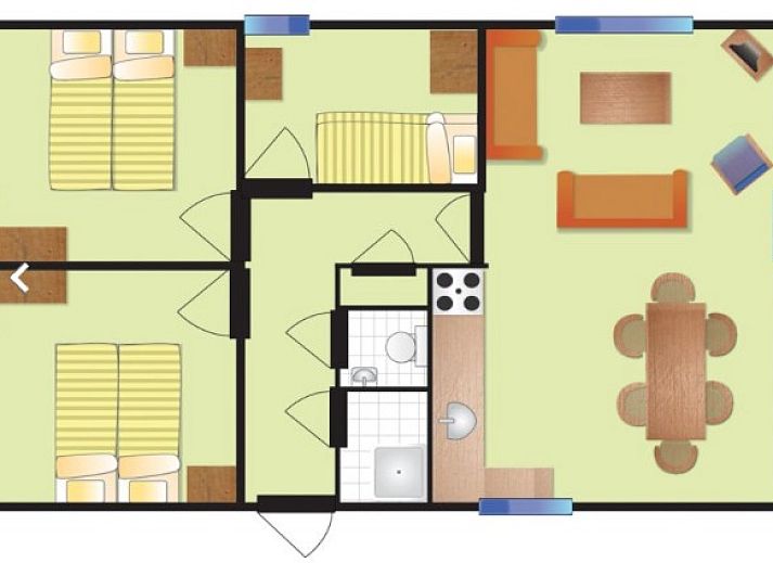 Cozy living room of BORNRIF COTTAGE 6 in Hollum, Ameland, with comfortable sitting area and modern kitchen on the Wadden Islands.