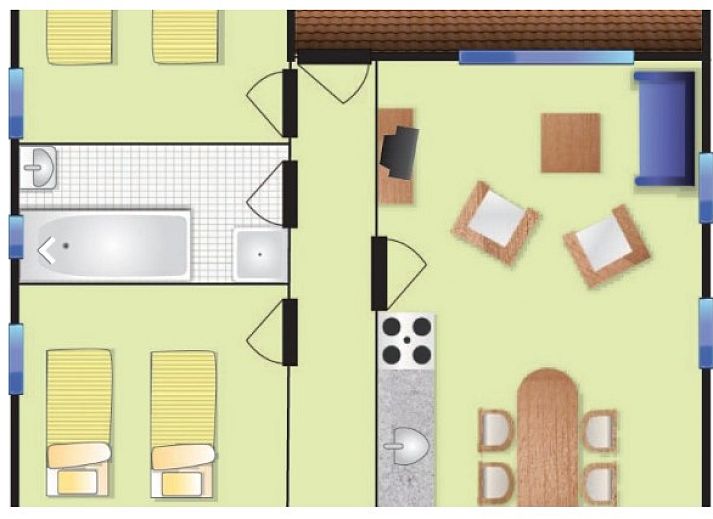 Gemuetliches Wohnzimmer im DUINBUNGALOW 4, Ferienhaus in Hollum, Ameland mit bequemer Sitzecke.