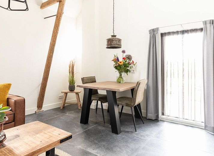 Gemuetliches Wohnzimmer in der Wohnung Dorsvloer, Hollum, Ameland, mit moderner Einrichtung und Kamin fuer einen entspannten Aufenthalt.