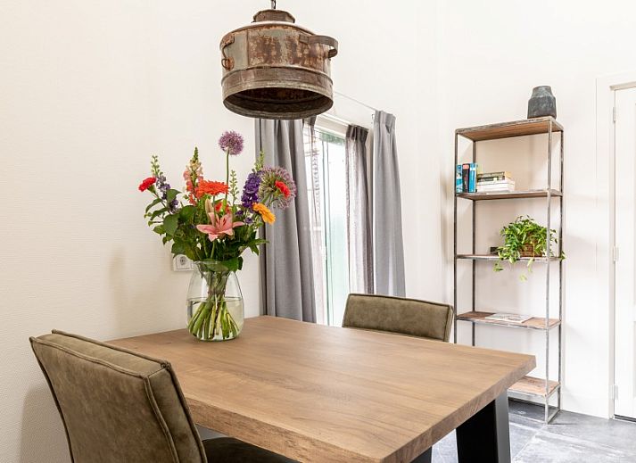 Gemuetliches Wohnzimmer in der Wohnung Dorsvloer, Hollum, Ameland, mit moderner Einrichtung und Kamin fuer einen entspannten Aufenthalt.