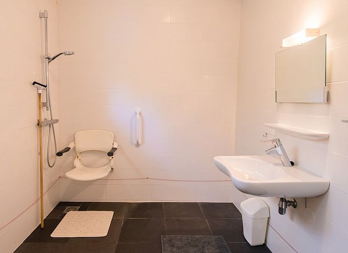 Gezellige woonkamer van Vijverwoning 4, een bungalow in Hollum, Ameland, met veel natuurlijk licht en uitzicht op de groene omgeving.