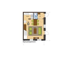 Floor plan of the first floor in Type T-3 vacation home, De Cocksdorp, Texel.