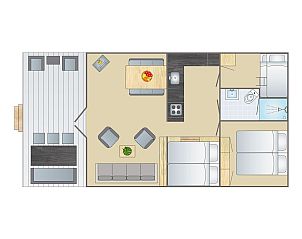 Sluftervallei safari tent in De Cocksdorp, Texel, with wooden veranda and view of dunes.