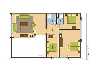 Grundriss des Obergeschosses des Ferienhauses Typ W in De Cocksdorp Texel, mit mehreren Schlafzimmern auf den Watteninseln.