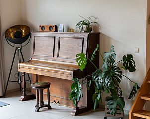 Authentic piano in the living room of Cottage in De Cocksdorp, Texel, with green plants.
