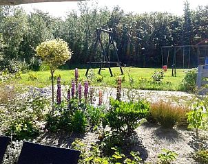 Cottage playground and garden in De Cocksdorp, Texel, with swings and lots of greenery.