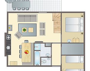 Grundriss des Sluftervallei 8-Personen-Bungalows 8C in De Cocksdorp, Texel, mit groem Wohnzimmer und Kche.