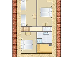 Grundriss des Sluftervallei 8-Personen-Bungalows 8L, De Cocksdorp, Texel. Gerumige Anlage mit Schlafzimmern und Badezimmer auf den Watteninseln.