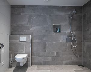 Modern bathroom in Het Kwade Konijn, vacation home in De Cocksdorp, Texel, with stylish design and spacious shower.