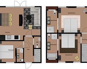 Plan des 6-Personen-Ferienhauses in De Cocksdorp, Texel mit Raumaufteilung.