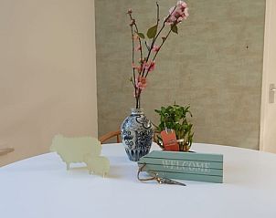 Welcome table at Huisje Quirijn, De Koog Texel with decorative vase and keys on a round table.