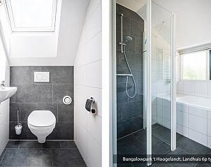 Modern bathroom with shower and bath in Bungalowpark 't Hoogelandt vacation home, Texel.