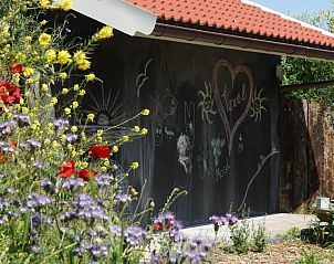 Creatieve krijtmuur bij Duinrand Vakantievilla's Type 2 in De Koog, Texel, met bloemen.