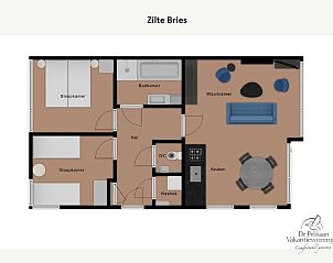 Floor plan of Zilte Bries vacation home, De Koog, Texel, with layout of rooms.