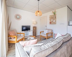 Stylish sitting area in De Duinroos vacation home, Texel, with modern furnishings and television.
