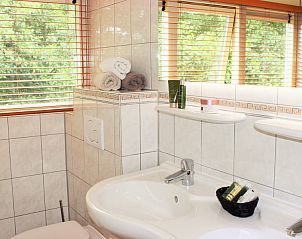 Luxurises Badezimmer im reetgedeckten 6-Personen-Ferienhaus Eldorado Texel, De Koog, mit stilvollem Waschbecken und Accessoires.