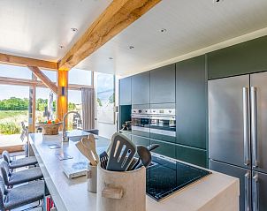 Modern kitchen in Villa 193, De Koog, Texel, with kitchen island and garden view, perfect for culinary adventures.
