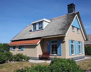 Bungalow T8A in De Koog, Texel met rieten dak en blauwe luiken, omgeven door groene natuur op de Waddeneilanden.