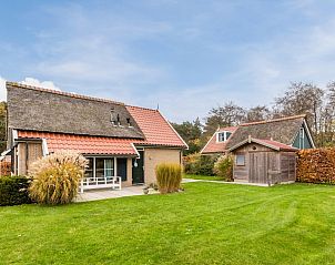 Geniet van de serene tuin van bungalow T6B Comfort in De Koog, Texel, met weelderig groen en comfortabele ligstoelen.