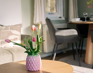 Cozy sitting area with flowers in Chalet Bregkoog 24, De Koog, Texel, at Chaletpark Bregkoog.