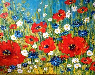 Bunte Blumenfeldmalerei in Texel Villa Duinzicht, De Koog, Texel, Ferienhaus Interieur.