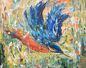 Gemlde eines fliegenden Vogels in Texel Villa Duinzicht, De Koog, Texel, knstlerische Atmosphre im Ferienhaus.