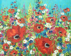 Farbenfrohes Blumenkunstwerk in Texel Villa Duinzicht, De Koog, Texel, lebendige Kunst im Ferienhaus.