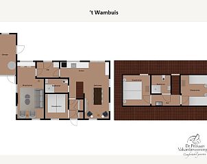 Plattegrond van vakantiehuis 't Wambuis, Den Hoorn, Texel met overzicht van kamers en indeling.