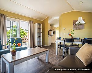 Ruime woonkamer van Chalet Hors 5p in Den Hoorn, Texel, met veel lichtinval en uitzicht op de natuur van de Waddeneilanden.