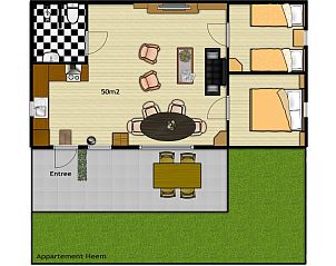Plattegrond van Appartement Heem, Den Hoorn, Texel, met een overzicht van de indeling en voorzieningen van de vakantiewoning.