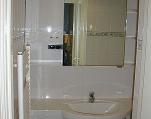 Functionele badkamer in vakantiehuis 3685, Oosterend Texel, met moderne wastafel en spiegel.