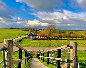 Blick vom Hgel zum Ferienhaus 't Kaaps Huussie in Oosterend, Texel mit grnen Feldern.