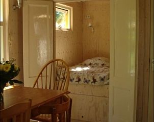 Buitenkant van De Fazant, bungalow in Oosterend, Texel, omgeven door bloeiende bomen en groene tuin.