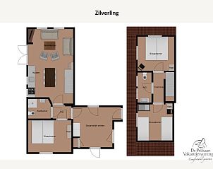 Plattegrond van vakantiehuis Zilverling in Oosterend, Texel met indeling van kamers.