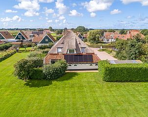 Uitzicht op de achtertuin van Daalder vakantiehuis in Oosterend, Texel, met groene omgeving.