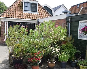 Buitenterras met bloemen bij 't Achterhuis vakantiehuis Oudeschild Texel.