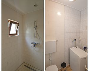 Bathroom with shower and washing machine in Holiday Home De Nagtegaal 19, De Dennen, Texel, for added convenience.
