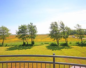 Prachtig uitzicht vanaf het balkon van Appartement Bos en Duin 40, Texel, over de bloeiende velden en natuur.