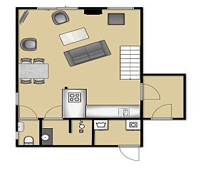 Floor plan of first floor Holiday home Gortersmient 356, De Dennen, Texel. Overview of the layout on the Wadden Islands.