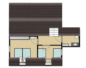 Floor plan of upper floor Holiday home Gortersmient 356, De Dennen, Texel. Spacious bedrooms on the Wadden Islands.