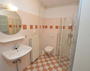 Moderne badkamer van vakantiehuis Narcis, De Dennen, Texel met douche en wastafel.